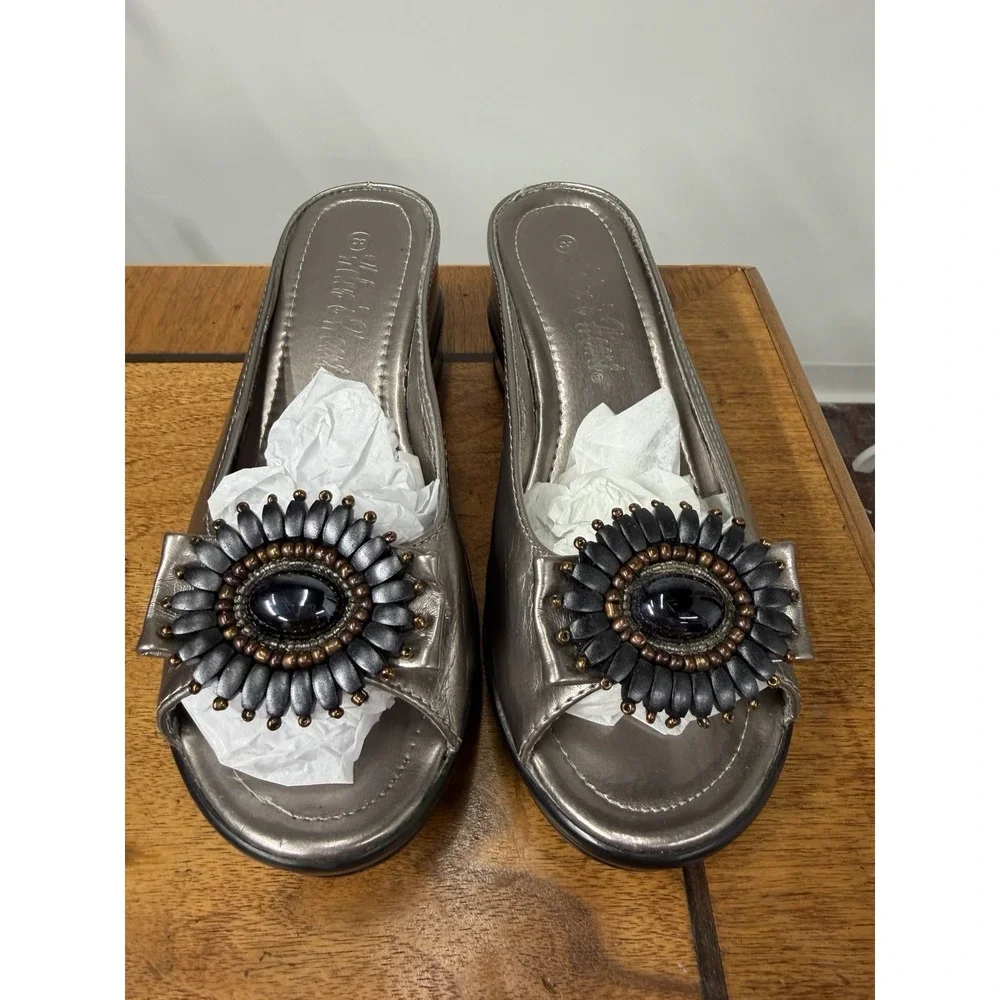 Helens Heart Women's 8 Silver Beaded Flower Low Pat Bling Wedges Slip On Shoes